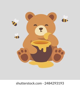 The expression of the sun bear is dominated by a brown furred animal carrying honey, vector file.