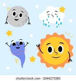 Expression sun and moon emotion concept set. Cartoon vector illustration rain cloud and tomato various climates. Facial expression of weather for game, chat, social media, publishing and books