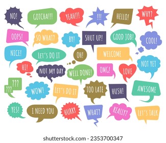 Expression text balloons. Hand drawn doodle colored speech bubbles, kids wow omg yes texting bubble graphics, colourful speak commentator funny clouds
