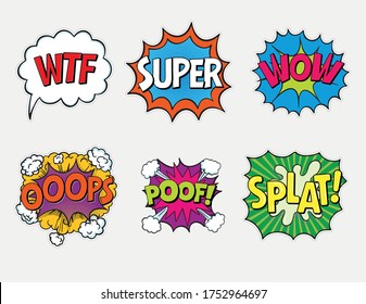 Expression text WTF, Super, WOW, oops, poof, splat. Comic speech bubbles set with different word
