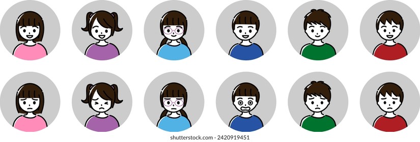 Expression variation circular icon set of elementary school boys and girls
