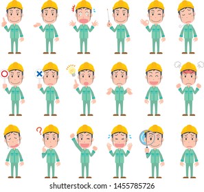 Expression variations of men wearing helmets and work clothes
