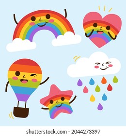 Expression of weather emotion concept set. Cartoon vector illustration clouds and rainbow various climates. Facial expression of clouds for game, chat, social media, publishing and books