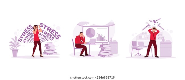 Expression of a woman who feels sad and stressed. Tired and stressed businessman. The youth racked his head as if he had been hit with a hammer. Set Trend Modern vector flat illustration