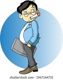 expression of a worker holding a suitcase and smoking a cigarette