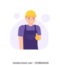 expression of a worker or male laborer who gives a thumbs up or a sign of liking. like or give appreciation. flat style. vector design illustration