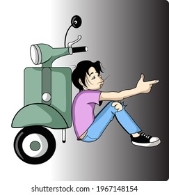 expression of a young man on his motorbike