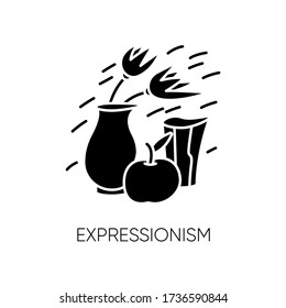 Expressionism black glyph icon. Vase and fruit composition. 20th century german cultural movement. Still life abstract dynamic painting. Silhouette symbol on white space. Vector isolated illustration