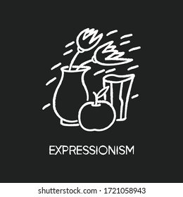 Expressionism chalk white icon on black background. Vase and fruit composition. 20th century german cultural movement. Still life abstract dynamic painting. Isolated vector chalkboard illustration