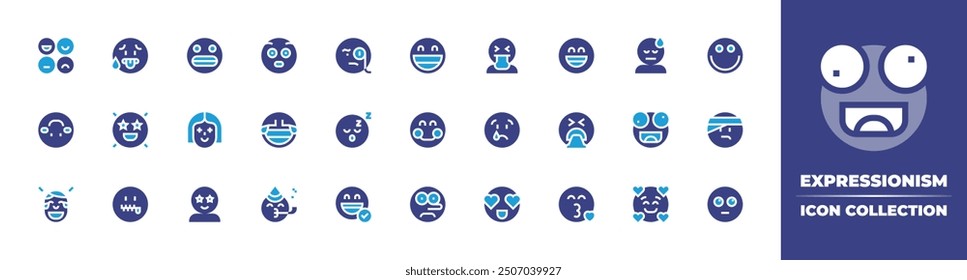 Expressionism icon collection. Duotone color. Vector illustration. Containing upsidedown, smile, party, sleep, secret, lucky, surprised, burst, liar, laugh, happy, amazed.