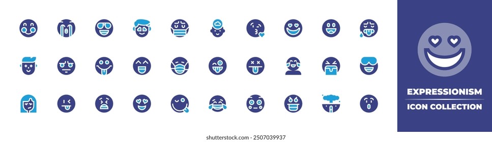 Expressionism icon collection. Duotone color. Vector illustration. Containing cool, sick, cry, funny, imagination, mocking, blushing, facemask, drama, cheerful, inlove, amazed.