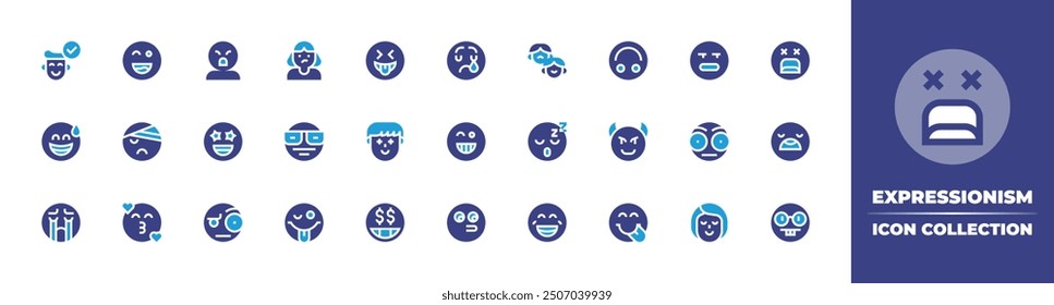 Symbolsammlung für Expressionismus. Duotonfarbe. Vektorgrafik. Enthaltend ahnungslos, lachen, glücklich, positiv denken, überrascht, traurig, klug, Verletzung, grinsend, zwinkernd, meh, erstaunt.