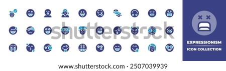 Expressionism icon collection. Duotone color. Vector illustration. Containing clueless, laugh, lucky, positivethinking, surprised, sad, smart, injury, grinning, wink, meh, amazed.