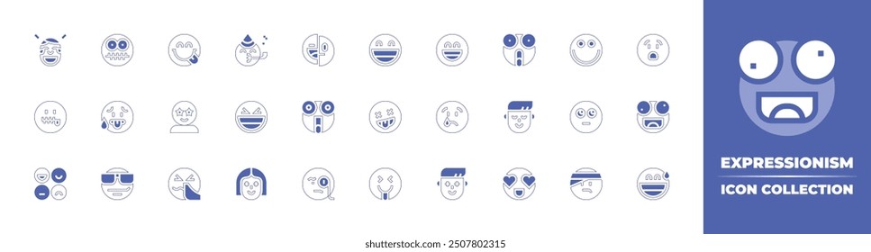 Expressionism icon collection. Duotone style line stroke and bold. Vector illustration. Containing expressions, observer, heated, secret, dead, lucky, laugh, astonished, sick, sunglasses, funny, amaze