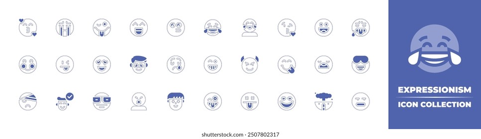 Expressionism icon collection. Duotone style line stroke and bold. Vector illustration. Containing inlove, tongueout, positivethinking, surprised, blushing, joker, kiss, crying, smart, cheerful, injur