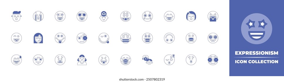 Symbolsammlung für Expressionismus. Duotone Stil Linie Strich und fett. Vektorgrafik. Enthaltend ahnungslos, krank, ängstlich, lachen, meh, spöttisch, gesichtsmaske, verdächtig, sprachlos, drama, zwinkern.