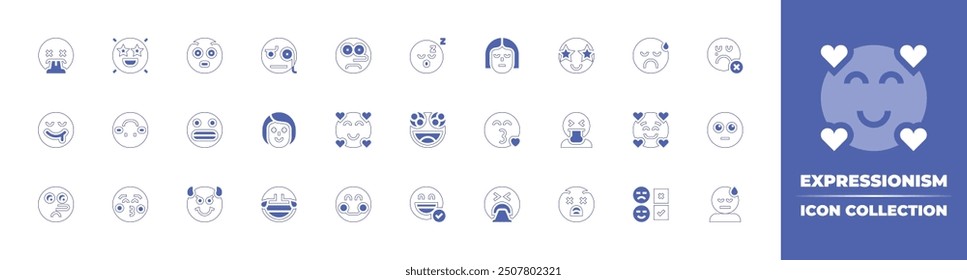 Expressionism icon collection. Duotone style line stroke and bold. Vector illustration. Containing affectionate, upsidedown, smile, amazed, excited, hungry, burst, inlove, laugh, happy, devil, liar.