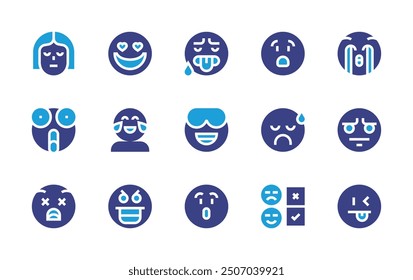 Expressionism icon set. Duotone color. Vector illustration. Containing nervous, surprised, rating, scared, laugh, angry, hot, embarrassed, cool, happiness, amazed.