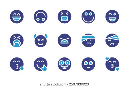 Expressionism icon set. Duotone color. Vector illustration. Containing grinning, intelligent, devil, sick, distracted, friendly, playful, desperate, throwup, mocking, kiss, depression.