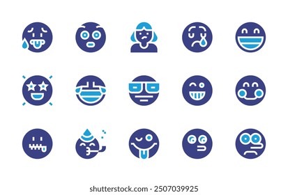 Symbolsatz für Expressionismus. Duotonfarbe. Vektorgrafik. Enthaltend überrascht, erhitzt, Lächeln, Partei, geheim, Lügner, glücklich Gesicht, traurig, Joker, Burst, smart, grinsend, meh.