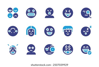 Expressionism icon set. Duotone color. Vector illustration. Containing expressions, upsidedown, observer, laugh, sleep, lucky, surprised, suspicious, money, happy, amazed.