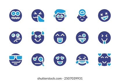 Expressionism icon set. Duotone color. Vector illustration. Containing inlove, laugh, funny, imagination, dead, sick, secret, sunglasses, analytical, cheerful, devil, liar.