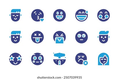 Expressionism icon set. Duotone color. Vector illustration. Containing ashamed, kiss, amazed, happy, sleeping, embarrassed, star, scream, dead, shocked, sad, distracted.