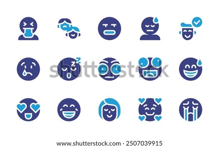 Expressionism icon set. Duotone color. Vector illustration. Containing sweat, inlove, smile, crying, sceptic, emotions, vomiting, sleeping, perplexed, crazy, sleep.