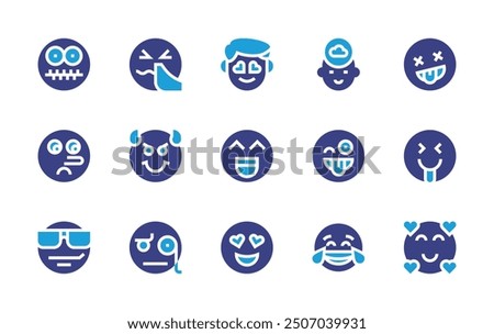 Expressionism icon set. Duotone color. Vector illustration. Containing inlove, laugh, funny, imagination, dead, sick, secret, sunglasses, analytical, cheerful, devil, liar.