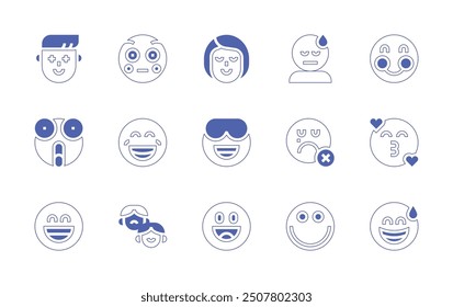 Expressionism icon set. Duotone style line stroke and bold. Vector illustration. Containing sweat, ashamed, smile, grinning, emotions, amazed, happy, sleeping, friendly, surprised, sad, cool.