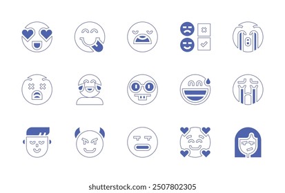 Expressionism icon set. Duotone style line stroke and bold. Vector illustration. Containing nervous, inlove, intelligent, devil, sceptic, rating, laugh, sleeping, embarrassed, mocking, depression.