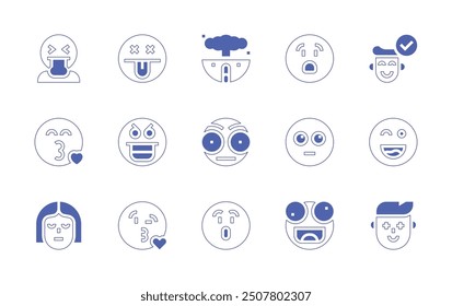 Expressionism icon set. Duotone style line stroke and bold. Vector illustration. Containing surprised, kiss, scared, distracted, vomiting, perplexed, angry, crazy, dead, shocked, amazed.