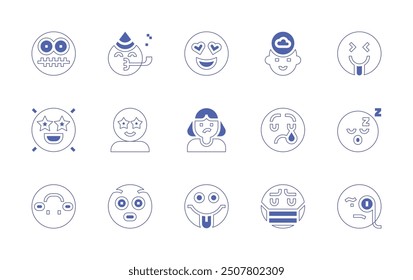 Expressionism icon set. Duotone style line stroke and bold. Vector illustration. Containing inlove, upsidedown, surprised, party, imagination, lucky, mocking, sad, facemask, secret, meh.