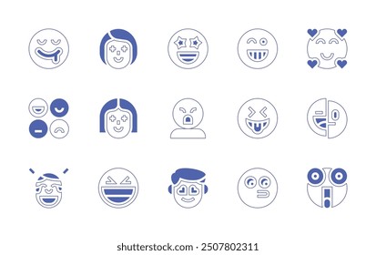 Expressionism icon set. Duotone style line stroke and bold. Vector illustration. Containing expressions, mood, laugh, lucky, amazed, surprised, liar, hungry, astonished, inlove, grinning.