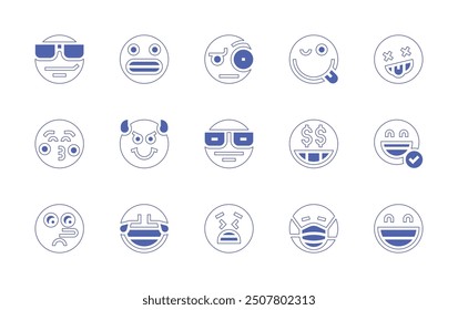 Expressionism icon set. Duotone style line stroke and bold. Vector illustration. Containing affectionate, sick, anguish, burst, suspicious, laugh, tongueout, sunglasses, smart, money, devil, liar.