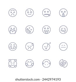 Expressionism icon set. Thin line icon. Editable stroke. Containing pain, scream, blushing, inlove, thinking, secret, laugh, tongueout, embarrassed, sleep, smile, upsidedown, hungry, mood, bored.