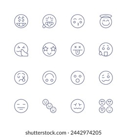 Expressionism icon set. Thin line icon. Editable stroke. Containing money, hot, sick, star, sad, playful, pokerface, smiley, kiss, dead, surprised, confused, angel, drunk, emotions.