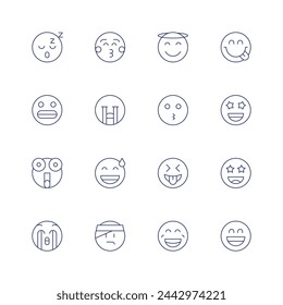 Expressionism icon set. Thin line icon. Editable stroke. Containing sleep, laugh, astonished, cry, affectionate, angel, kiss, sweat, sick, smile, tongueout, lucky, surprised, grinning.