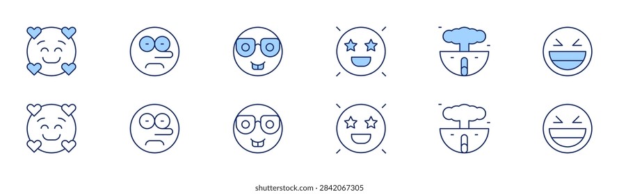 Expressionism icon set in two styles, Duotone and Thin Line style. Editable stroke. shocked, liar, laugh, inlove, glasses, surprised