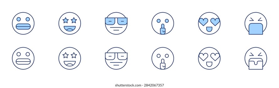 Expressionism icon set in two styles, Duotone and Thin Line style. Editable stroke. smart, laugh, scream, inlove, secret, surprised