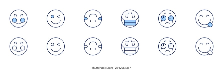 Expressionism icon set in two styles, Duotone and Thin Line style. Editable stroke. facemask, blushing, sad, upsidedown, wink, tongueout