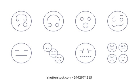 Expressionistische Symbole. Bearbeitbarer Strich. Mit traurigen, verspielten, pokerface, smiley, überrascht, verwirrt, betrunken, Emotionen.