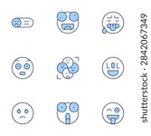 Expressionism icons set. Line Duotone style, editable stroke. hot, surprised, sadface, review, angry, wink, crazy, lol