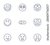 Expressionism icons set. Thin Line style, editable stroke. throwup, embarrassed, friendly, sadface, crazy, sensitive, tongueout, cool, nervous