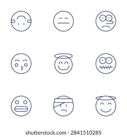 Expressionism icons set. Thin Line style, editable stroke. liar, secret, laugh, kiss, angel, sick, upsidedown, bored