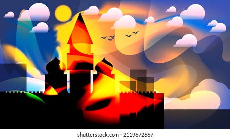 Expressionist architectural landscape. Overlapping translucent smooth shapes and stripes, silhouettes of flying birds and an ancient castle, sun and clouds. Author's work. Vector.
