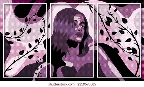 Expressionist art panel in purple tones with a portrait of a woman and curved branches with leaves. Three images in white thin frames. Author's work. Vector. 