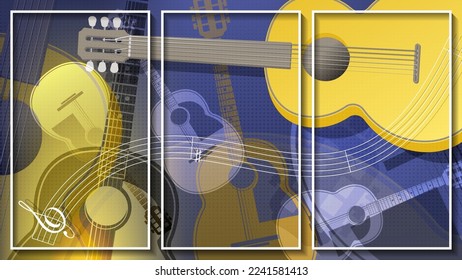 Triptyque de guitare expressionniste. Des silhouettes translucides qui se chevauchent de guitares acoustiques sont aléatoirement placées sur fond sombre. Imitation de toile. Image vectorielle.
