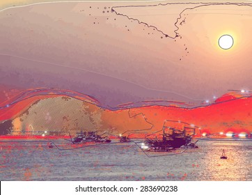 Expressionist painting of a sunset at sea with glowing water surfaceunder the setting sun and boats. Grungy background for travel, fishing and new experience. Nostalgic hipster background.