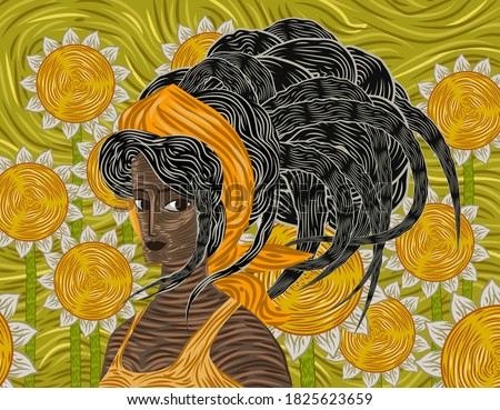 expressionist scene african girl with sunflowers